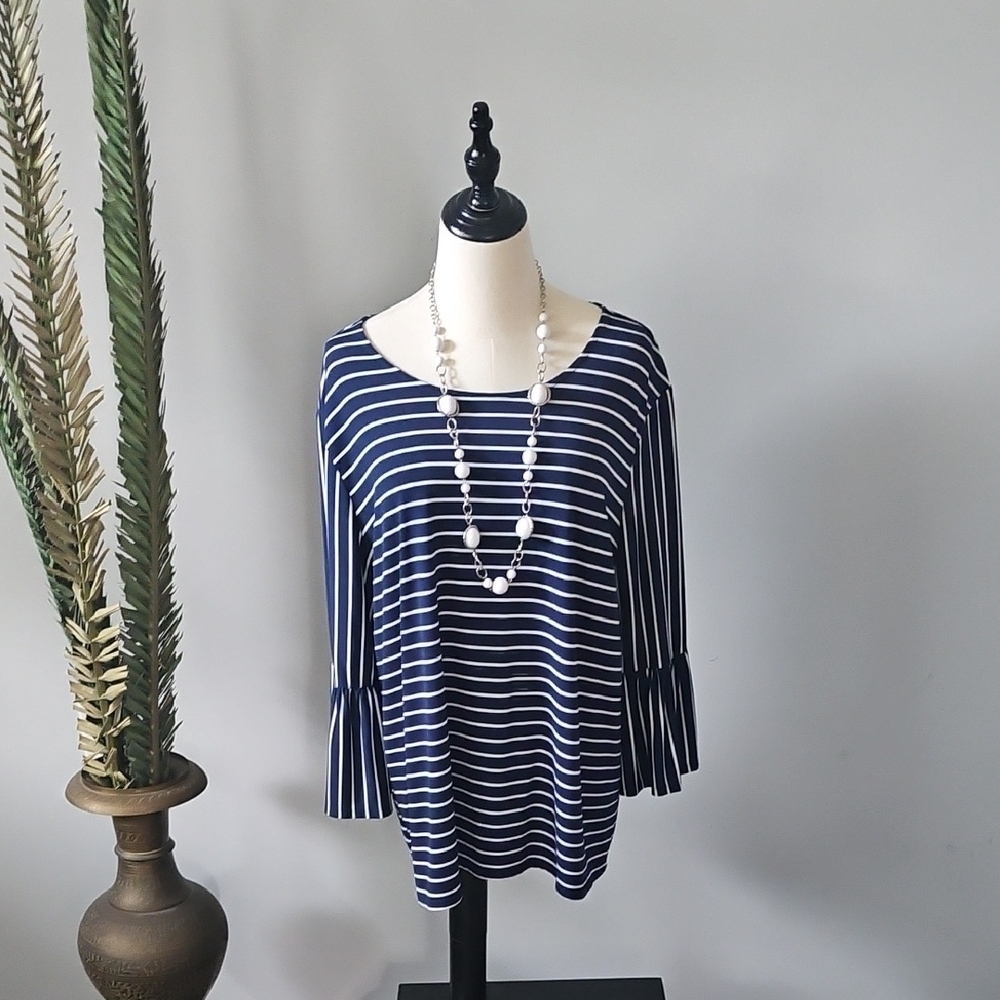 Chico's Navy and White Striped Blouse with Bell Sleeve Bottom